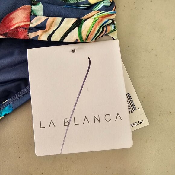 La Blanca Blue Palm Leaf Bikini Bottom Size M Ruched Detail 28 Waist NWT - Picture 8 of 11